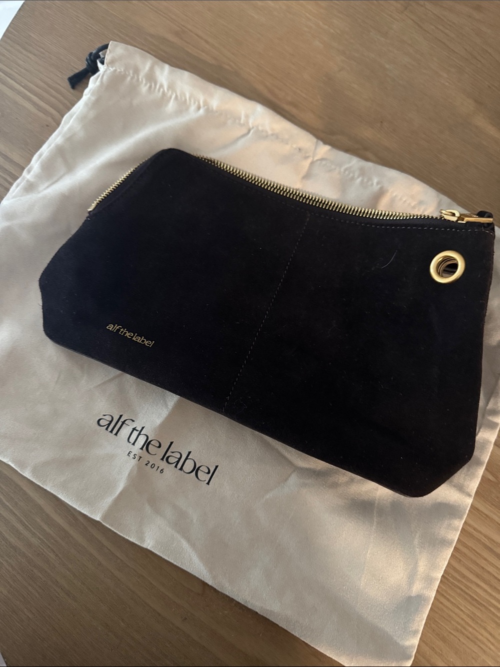 alf the label Dark chocolate Suede Zip Clutch/pouch